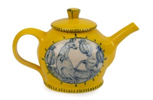 GERRY WEDD yellow and blue glazed pottery teapot adorned with cartouche of Stubb's kangaroo amongst opium pods, signed "Wedd, 2013", 14cm high, 22cm wide