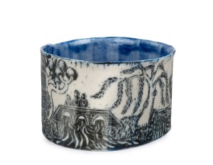 GERRY WEDD "Hey Babe" blue and white ceramic bowl with chinoiserie inspired decoration, signed "Wedd, 2017", 6.5cm high, 11cm wide