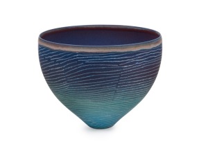 PIPPIN DRYSDALE blue and mauve glazed pottery bowl with wavy linear decoration, incised "Pippin Drysdale, 2017", 12cm high, 15cm diameter