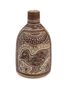 MARISSA THOMPSON Ernabella Arts brown glazed pottery vase with sgraffito bird decoration, incised "Marissa Thompson, Ernabella Arts, 2017", 16cm high