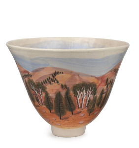 DAVID USHER and ADRIAN RICHARDS impressive pottery vase, hand-painted with landscape scene both inside and out, signed "David Usher" and "Adrian Richards", 21cm high, 28cm diameter
