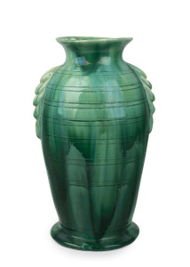 UNA DEERBON impressive green glazed pottery vase with ribbed decoration and applied handles, incised "Una Deerbon", ​​​​​​​31.5cm high