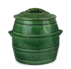 BOSLEY green glazed pottery bread crock, impressed mark to base, 31cm high, 31cm wide