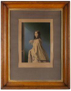 AUGUST SCHRAMM (attributed) antique Australian honeysuckle (grevillea) picture frame with original gilt slip and glass, housing an antique George Baxter print titled "The Bridesmaid", 19th century, 80 x 64cm overall.