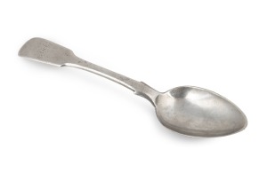 388 · ALEXANDER DICK rare Colonial Australian silver fiddle pattern spoon with engraved monogram, Sydney origin, circa 1830's, stamped "DICK" with crowned leopard and date letter "E", lion passant and monarch's head, 18.2cm long,