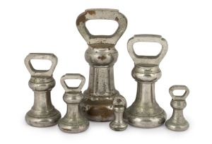BELL WEIGHTS set of six antique nickel plated examples ranging from 8oz. to 14 lb.