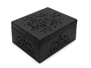 An antique Australian cedar folk art box with carved fretwork decoration, fitted with a lift-out tray with compartments, South Australian origin, 19th century, 15cm high, 30.5cm wide, 25cm deep.