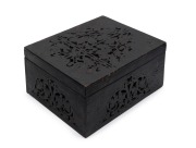 An antique Australian cedar folk art box with carved fretwork decoration, fitted with a lift-out tray with compartments, South Australian origin, 19th century, 15cm high, 30.5cm wide, 25cm deep.