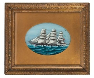 ARTIST UNKNOWN, "SHIP OAMARU", reverse glass painting with oval mount, 19th century, 19 x 26cm, 42 x 49cm overall