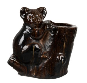 Australian Brick Works Pottery koala tree stump vase with brown glaze, ​​​​​​​35cm high, 35cm wide