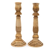A rare pair of antique carved and turned whalebone and whale tooth candlesticks with acanthus leaf decoration, Tasmanian origin, circa 1830's, 20cm high. PROVENANCE: Private collection, Sandy Bay, Hobart, Tasmania.