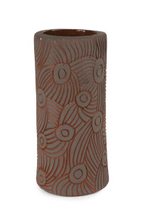TJIMPUNA WILLIAMS "Kapi Tjukula" Rock Hole Cylinder, 2007, slab form earthen ware cylinder vase with sgraffito decoration, signed "Tjimpuna Williams, Arts, 2007", with inventory stock number "TWC1212-07", 22.5cm wide