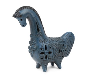 McLAREN blue glazed pottery horse statue, incised "McLaren", 19cm high, 20cm long