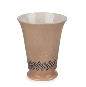 KLYTIE PATE pink glazed pottery vase with band of geometric design, incised "Klytie Pate", 15.5cm high.