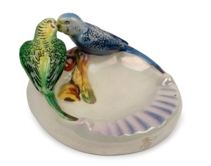 WEMBLEY WARE rare ceramic budgerigar dish, impressed factory mark to base, 7.5cm high, 15cm wide