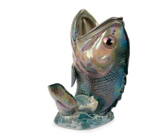 WEMBLEY WARE ceramic rising fish vase with lustre glaze, impressed factory mark to base, 26.5cm high