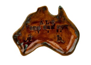 "A.L.P. 100 NOT OUT, 19/9/84" commemorative pottery dish in the shape of Australia with impressed kangaroos, 17cm wide