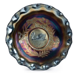 CROWN CRYSTAL "Swan" cobalt carnival glass master bowl, 8.5cm high, 23.5cm wide