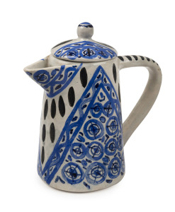 FRED MANN art pottery teapot with blue and black hand-painted finish, signed "F.M." with hand-painted pictorial mark, 19cm high.
