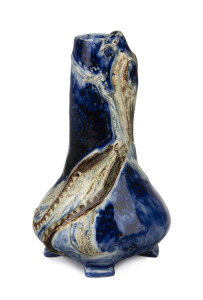 ROOKWOOD (HARVEY SCHOOL) blue glazed pottery vase with lyrebird decoration, incised "R.E.R. 12/34", 16.5cm high.
