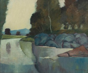 ADRIAN FEINT (1894-1971), (untitled river scene), oil on board, signed lower right "Adrian Feint, 1961", ​​​​​​​24 x 29cm, 40 x 45cm overall