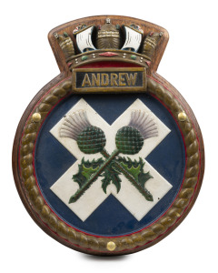 "ANDREW" hand-painted bronze submarine plaque, mounted on timber board, 48 x 39cm overall, (heavy). The British submarine HMS Andrew was used in the 1959 film "On the Beach" to portray the fictional American nuclear submarine USS Sawfish. The film, direc