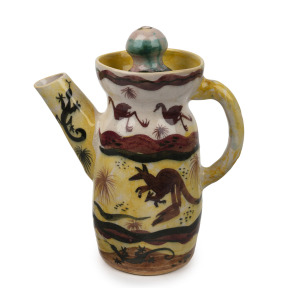 ARTHUR MERRIC BOYD, JOHN PERCEVAL and NEIL DOUGLAS pottery coffee pot hand-painted with native animals in landscape, incised "Arthur Merric Boyd, Perceval, Douglas", 23cm high.
