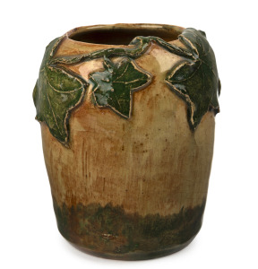 STAN & GEOFF GILBERT pottery vase with applied grape leaves, incised "S. + G. Gilbert", ​​​​​​​10.5cm high.