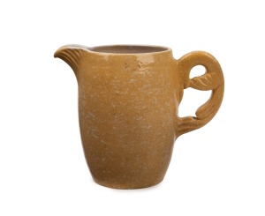 KLYTIE PATE pottery jug with yellow speckled glaze, incised "Klytie Pate", ​​​​​​​17cm high