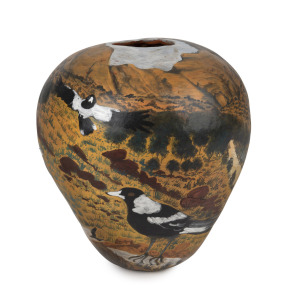 JUDITH INKAMALA pottery vase with hand-painted landscape and magpies, incised and signed "J. I.", 20cm high