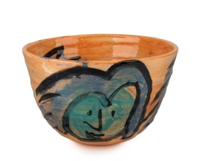 DEBORAH HALPERN pottery bowl with hand-painted faces, signed "D. D. Halpern", 11.5cm high, 18.5cm wide