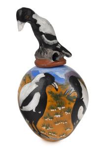 JUDITH INKAMALA pottery vase with hand-painted magpies in landscape and magpie lid, signed "J. I. 205", 25cm high overall.