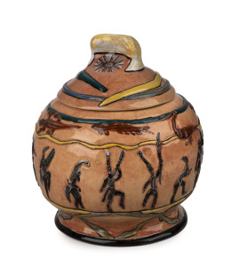 PAT PHILLIPS stunning pink lidded pottery jar adorned with Aboriginal dancing figures and animals, incised "Pat Phillips", 18 cm high