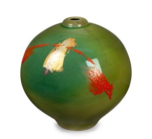 GREG DALY green glazed studio pottery vase with orange and gold highlights, signed "Daly" with impressed monogram mark, 26cm high