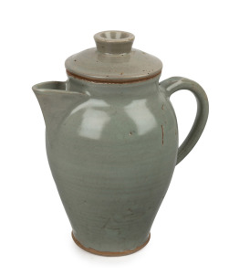 HAROLD HUGHAN celadon glazed pottery lidded coffee pot, signed "Hughan" with impressed Glen Iris monogram mark, ​​​​​​​22.5cm high