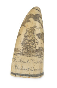 36 · A scrimshaw whale's tooth titled "THE DRACHE CAPTN. PEN, HOBART TOWN", 13cm high.