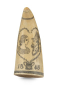 A scrimshaw whale's tooth titled "THE DRACHE CAPTN. PEN, HOBART TOWN", 13cm high. - 2