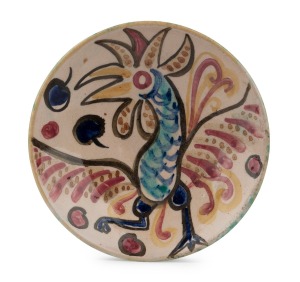 ARTHUR MERRIC BOYD pottery dish with hand-painted cockerel decoration, incised "A.M.B.", 17.5cm diameter