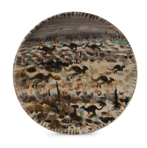 ARTHUR MERRIC BOYD and NEIL DOUGLAS pottery dish with hand-painted kangaroos in landscape, signed and titled on reverse, 11.5cm diameter