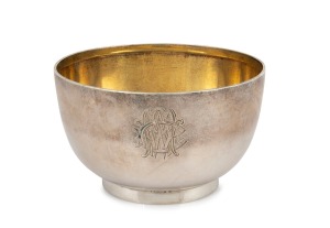 WENDT antique silver bowl with engraved monogram, family crest and remains of gilt washed interior, late 19th century, stamped "J. M. Wendt, Jeweller, Adelaide & Broken Hill", 7cm high, 12cm diameter, 250 grams