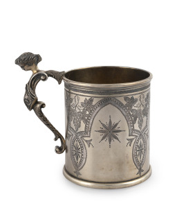 HENRY STEINER antique Australian sterling silver christening mug with engraved decoration and figural handle, housed in original plush fitted box with Henry Steiner branding, 19th century, stamped "H. STEINER" with lion passant and monarch's head, 10cm high, 206 grams