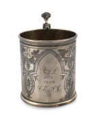 HENRY STEINER antique Australian sterling silver christening mug with engraved decoration and figural handle, housed in original plush fitted box with Henry Steiner branding, 19th century, stamped "H. STEINER" with lion passant and monarch's head, 10cm hi - 2