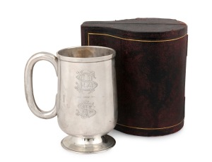 409 · HENRY STEINER antique Australian sterling silver christening mug with engraved monogram, housed in original plush fitted box with Henry Steiner branding, 19th century, stamped "H. STEINER, ADELAIDE", 11cm high, 166 grams