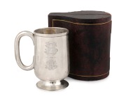 HENRY STEINER antique Australian sterling silver christening mug with engraved monogram, housed in original plush fitted box with Henry Steiner branding, 19th century, stamped "H. STEINER, ADELAIDE", 11cm high, 166 grams