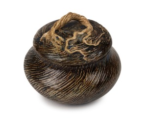 PHILIPPA JAMES rare pottery lidded bowl with branch handle and incised decoration, signed "Philippa James", ​​​​​​​8cm high, 10.5cm diameter