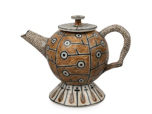 STEPHEN BENWELL Australian ceramic teapot with hand-painted finish, signed "S. Benwell, '90", 14cm high, 18cm wide.