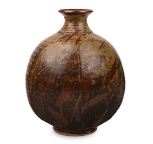 SHIGEO SHIGA studio pottery vase with brown glaze, impressed seal mark and original label to base, ​​​​​​​23.5cm high.