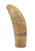 An impressive scrimshaw whale's tooth depicting Aesop's Fable, 19th century. Originally the property of Captain WILLIAM C. JONES son of the ill-fated Captain HENRY JONES who drowned when his ship the barque Herald was wrecked off the Falkland Islands in 1