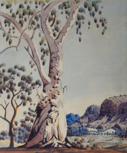 WALTER EBATARINJA (1916-1969), (ghost gum in landscape), watercolour, signed lower right "Walter Ebatarinja", ​​​​​​​43 x 37cm, 50 x 43cm overall.
