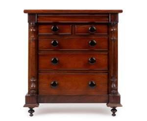 158 · An antique Australian cedar and pine five drawer apprentice chest with turned columns and handles, 19th century, 36cm high, 33cm wide, 20cm deep